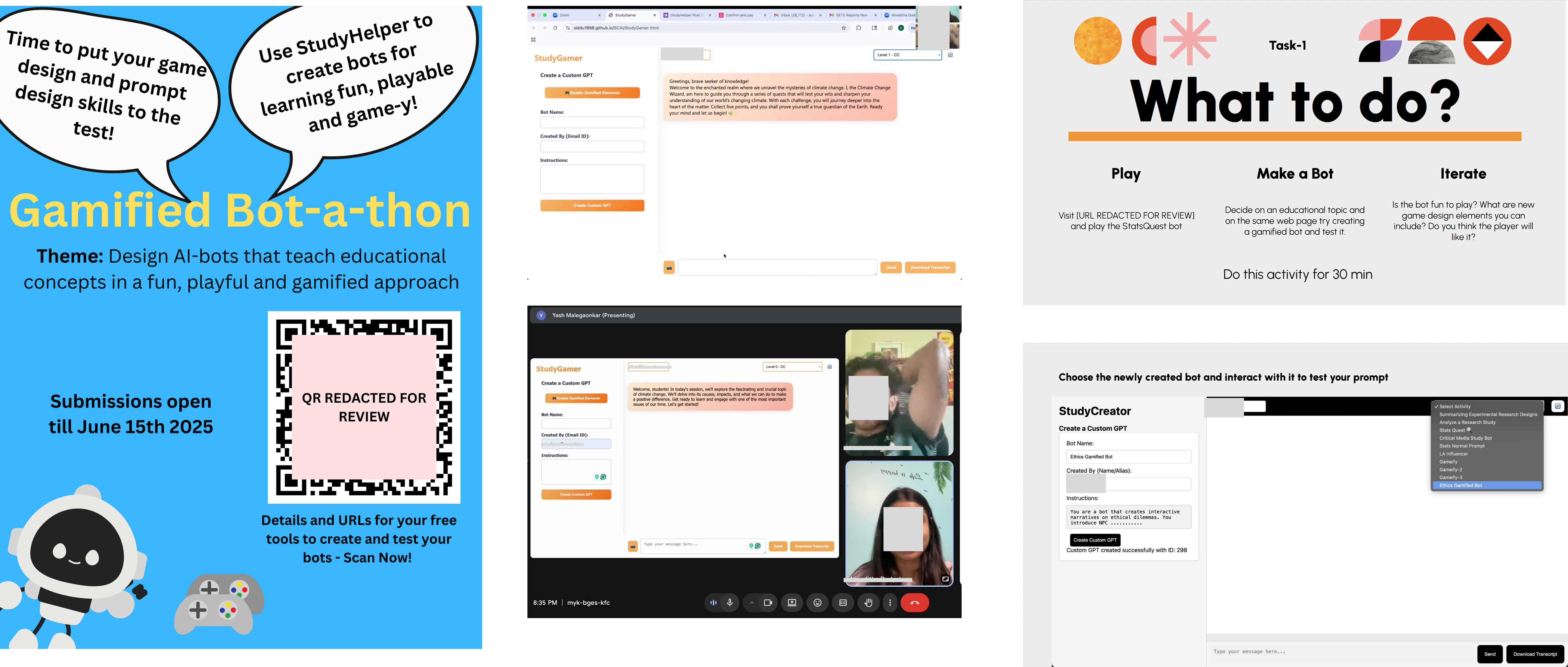 Hackathon poster, participants interacting with prompts, and assignment instructions